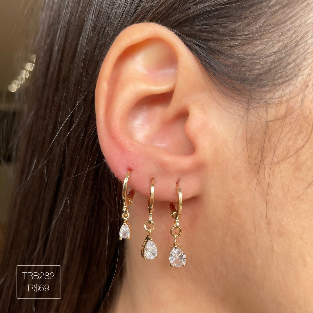 Trio Argola de Gota Pendurada Cristal Dourado